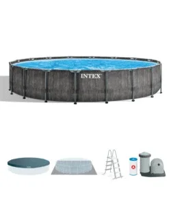 Spedizione Espresso Piscina fuori terra con struttura rotonda intex "prisma frame greywood" effetto legno antracite 549x549x122 cm - cod. 26744np