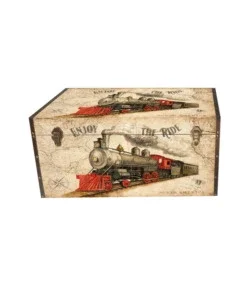 Vendita Finale Baule in legno vintage bellahome rivestito in ecopelle fantasia "transport" grande 69x40x44 cm