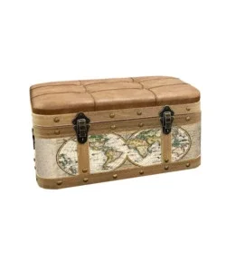 Baule in legno vintage bellahome con seduta imbottita rivestito in ecopelle fantasia "atlantis" piccolo 60x30x30 cm Quantità Limitata