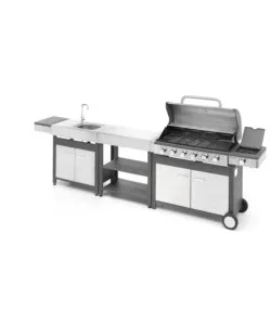 Cucina da esterno modulare ompagrill "indian" in acciaio inox con barbecue indianapolis 7/b, lavello e tavolo Solo Oggi