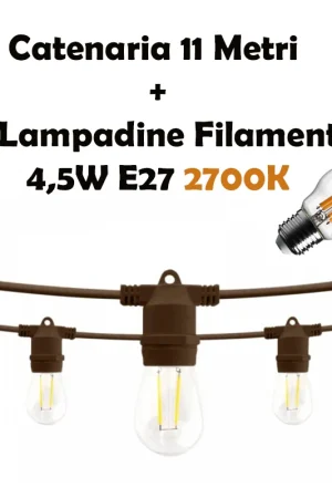 Super Prezzo Kit Catenaria di Luci Lineare 11 Metri Completa con 14 Lampadine E27 Marrone