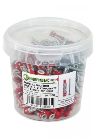 Barattolo 100 Tasselli Multiuso 6 mm DUOFIX a Due Componenti Viti Zincate TSP CROCE Quantità Limitata