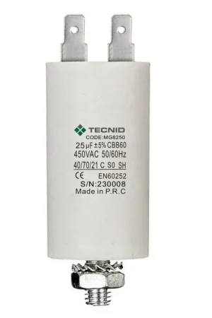 Condensatore Permanente Per Motori Elettrici 25 &micro;F 450V. Dado M8 Economico